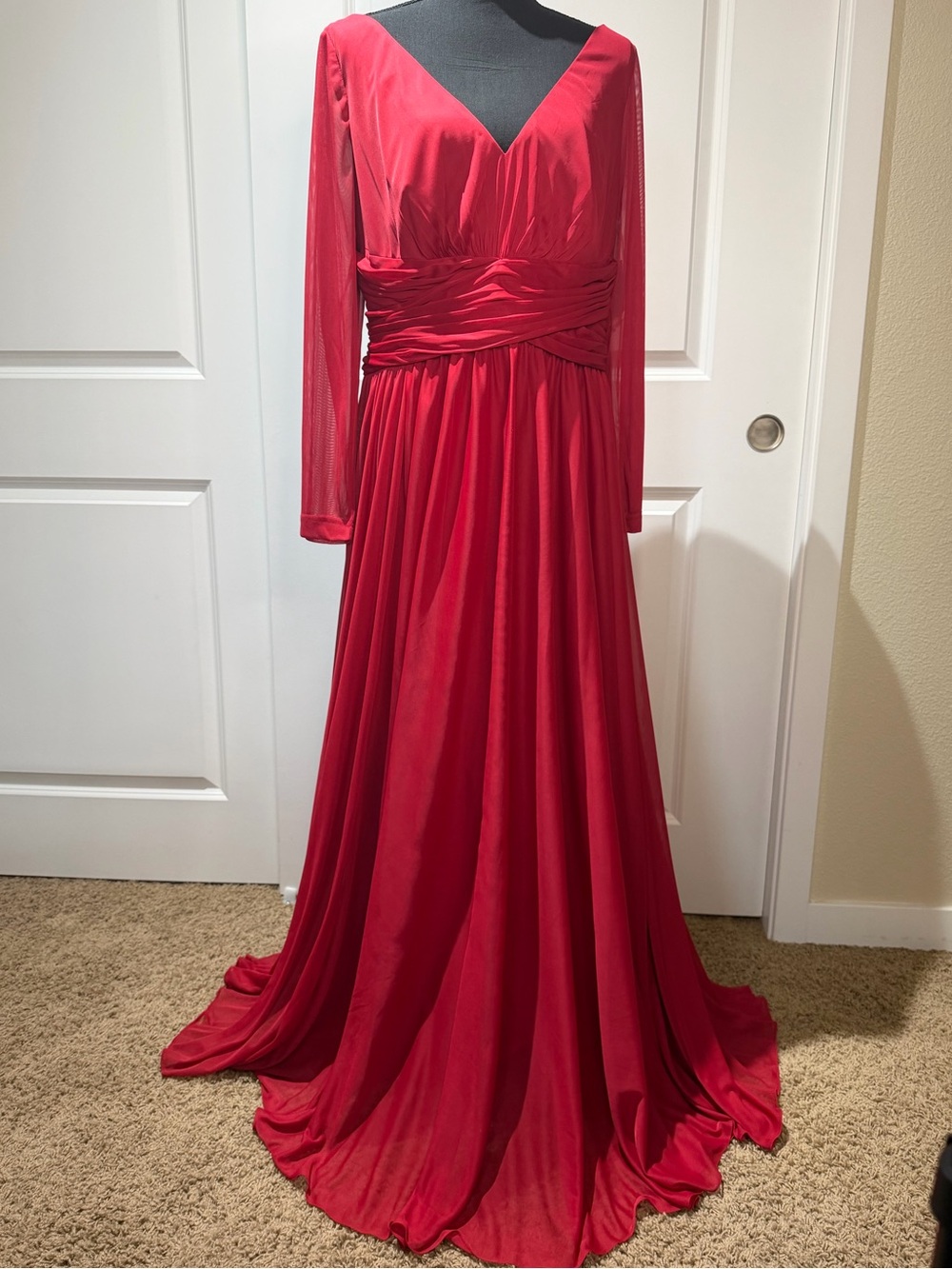 David's Bridal Red Long-Sleeve V-Neck Ruched Waist Evening Gown